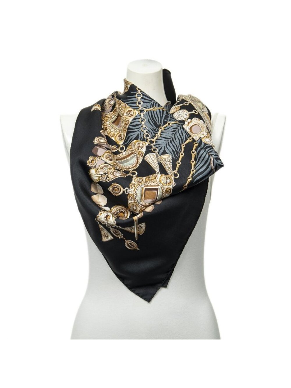 Hermes Scarf Black Beige Brown Twill Silk